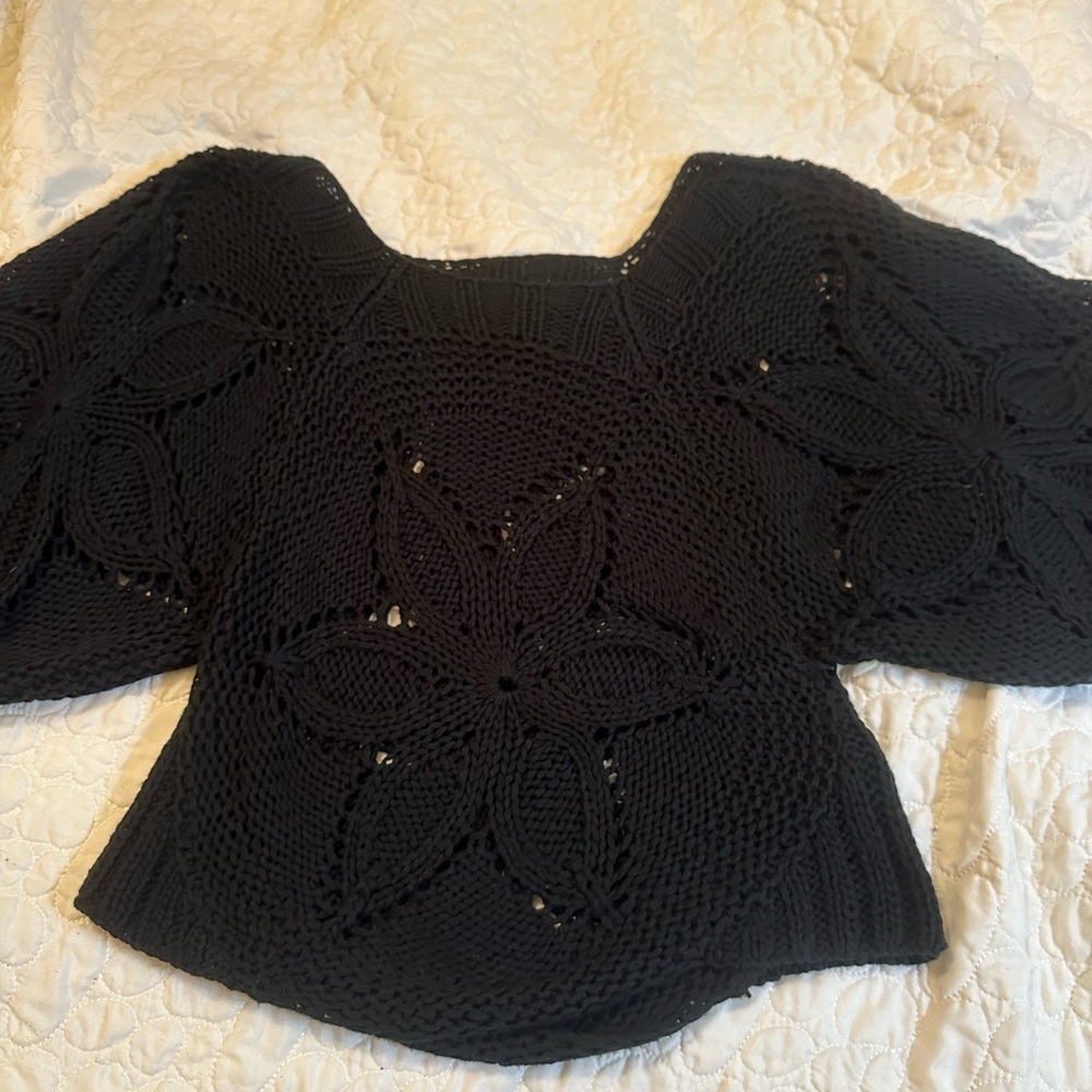 Crochet bell sleeve black top